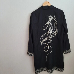 Chico's Womens Kimono Jacket L Black Embroidered Academia Long Sleeves